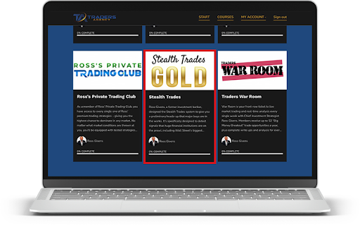 Member dashboard highlighting the Stealth Trades course